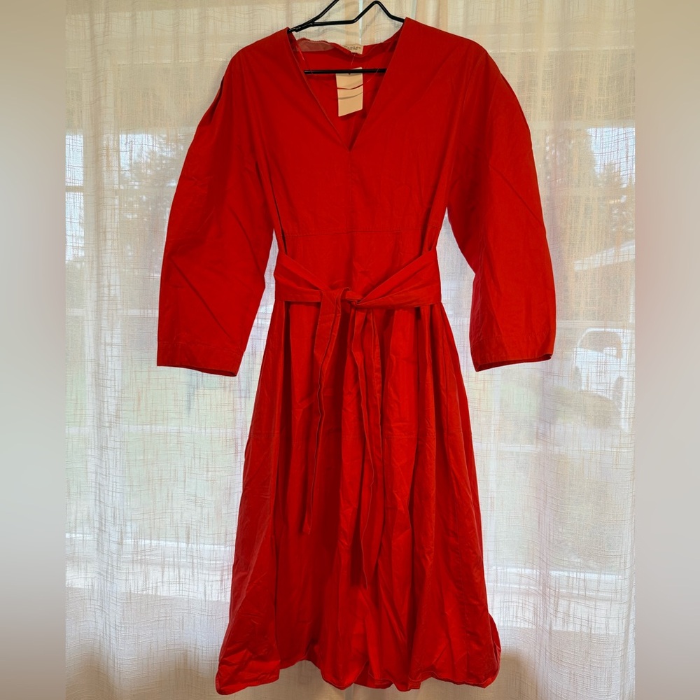 Zara Vibrant Red Poplin Cotton Dress with Belt Size XSmall Party